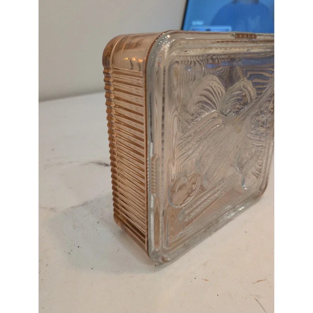 Pink Atlas Glass Vintage Glass Refrigerator Dish Embossed Vegetable + Lid